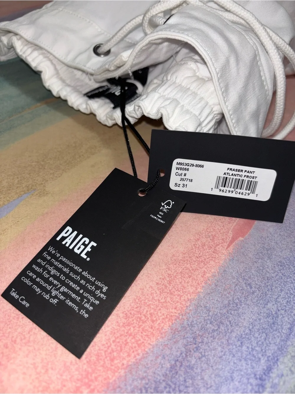 New PAIGE Fraser Regular Fit Drawstring Pants White Atlantic frost Mens Size 31